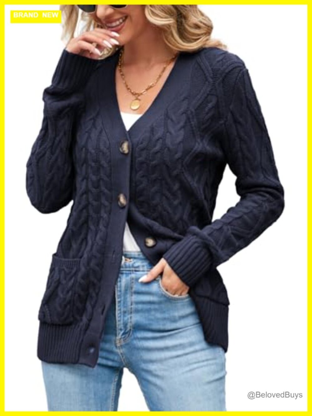 Chunky Cable Knit Button Up Cardigan Long Sleeve V-Neck Sweater